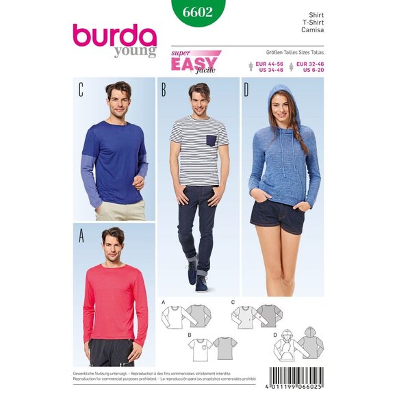 Burda Young Sewing Pattern 6602 Adult Unisex T-Shirts US 32-46 & 6-20 - Picture 1 of 2